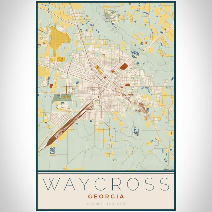 Waycross Georgia Map Print Portrait Orientation in Woodblock Style With Shaded Background