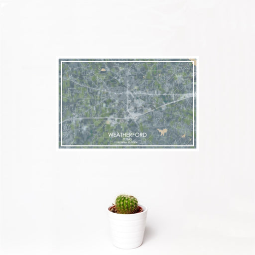 12x18 Weatherford Texas Map Print Landscape Orientation in Afternoon Style With Small Cactus Plant in White Planter