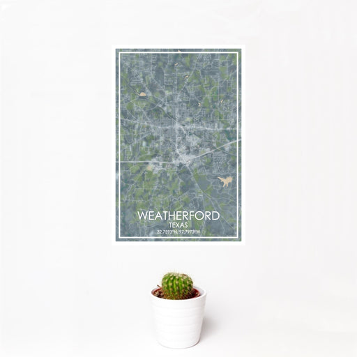 12x18 Weatherford Texas Map Print Portrait Orientation in Afternoon Style With Small Cactus Plant in White Planter