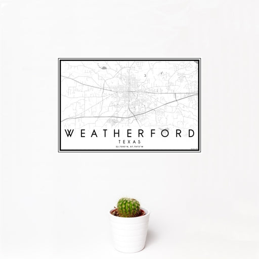 12x18 Weatherford Texas Map Print Landscape Orientation in Classic Style With Small Cactus Plant in White Planter