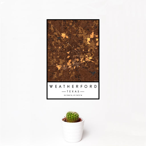 12x18 Weatherford Texas Map Print Portrait Orientation in Ember Style With Small Cactus Plant in White Planter