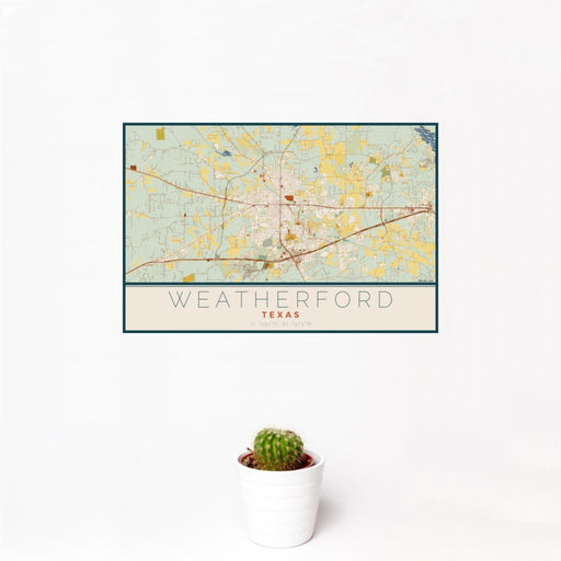 12x18 Weatherford Texas Map Print Landscape Orientation in Woodblock Style With Small Cactus Plant in White Planter