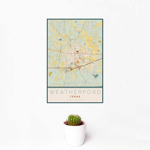 12x18 Weatherford Texas Map Print Portrait Orientation in Woodblock Style With Small Cactus Plant in White Planter