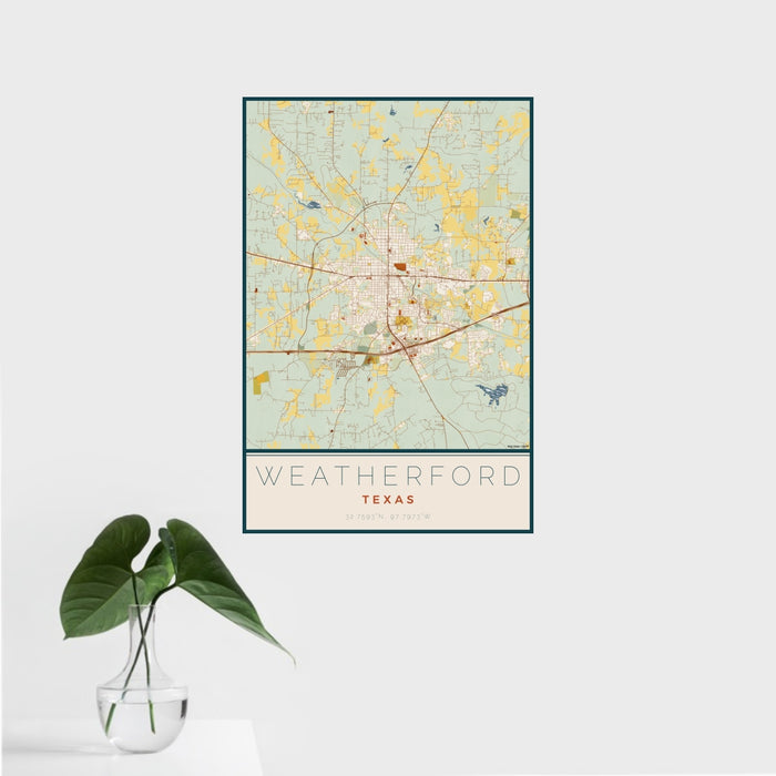 16x24 Weatherford Texas Map Print Portrait Orientation in Woodblock Style With Tropical Plant Leaves in Water