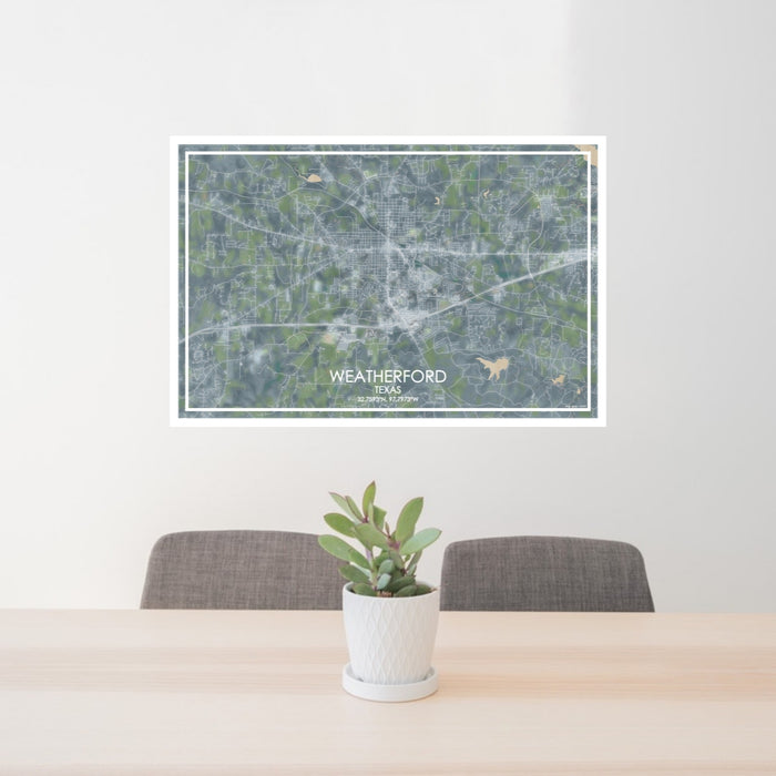 24x36 Weatherford Texas Map Print Lanscape Orientation in Afternoon Style Behind 2 Chairs Table and Potted Plant