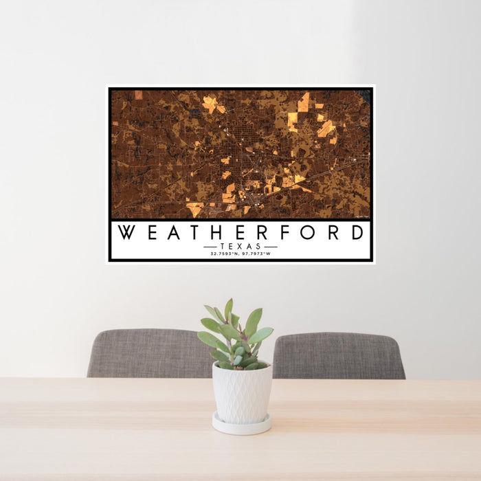 24x36 Weatherford Texas Map Print Lanscape Orientation in Ember Style Behind 2 Chairs Table and Potted Plant