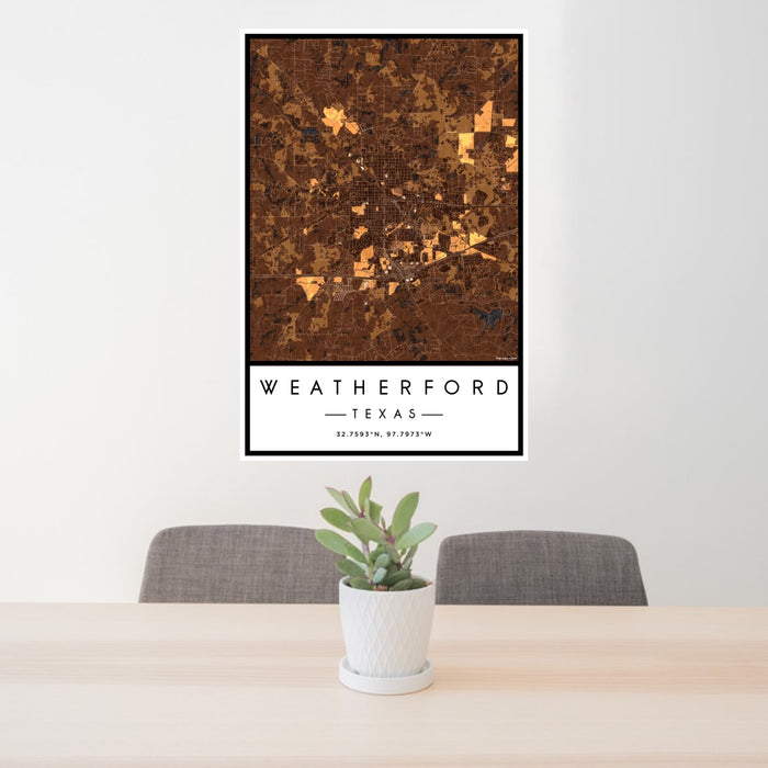 24x36 Weatherford Texas Map Print Portrait Orientation in Ember Style Behind 2 Chairs Table and Potted Plant