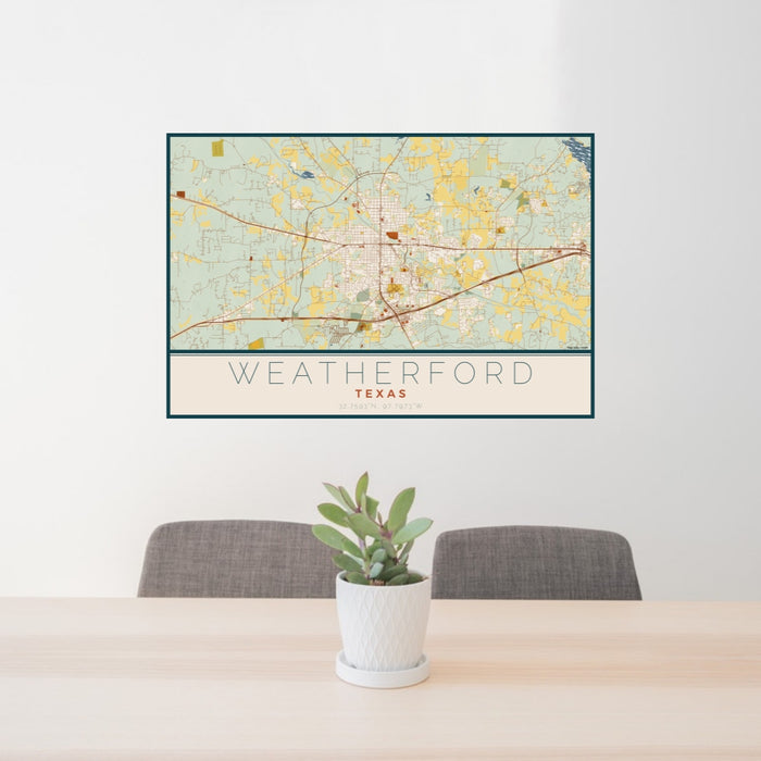 24x36 Weatherford Texas Map Print Lanscape Orientation in Woodblock Style Behind 2 Chairs Table and Potted Plant