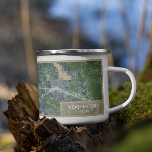 Right View Custom Weatherford Texas Map Enamel Mug in Afternoon on Grass With Trees in Background