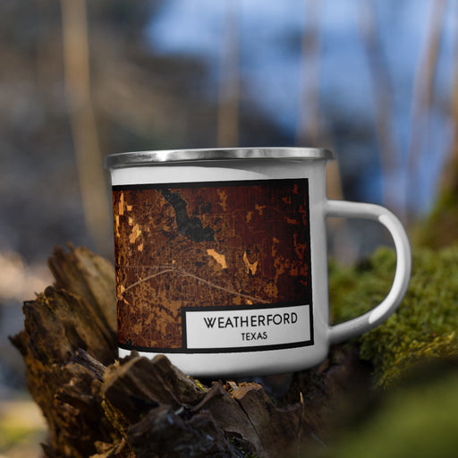 Right View Custom Weatherford Texas Map Enamel Mug in Ember on Grass With Trees in Background