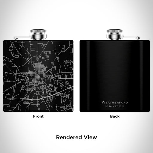 Rendered View of Weatherford Texas Map Engraving on 6oz Stainless Steel Flask in Black