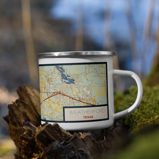 Right View Custom Weatherford Texas Map Enamel Mug in Woodblock on Grass With Trees in Background