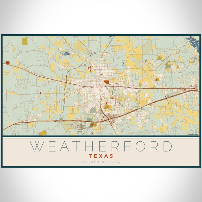 Weatherford Texas Map Print Landscape Orientation in Woodblock Style With Shaded Background