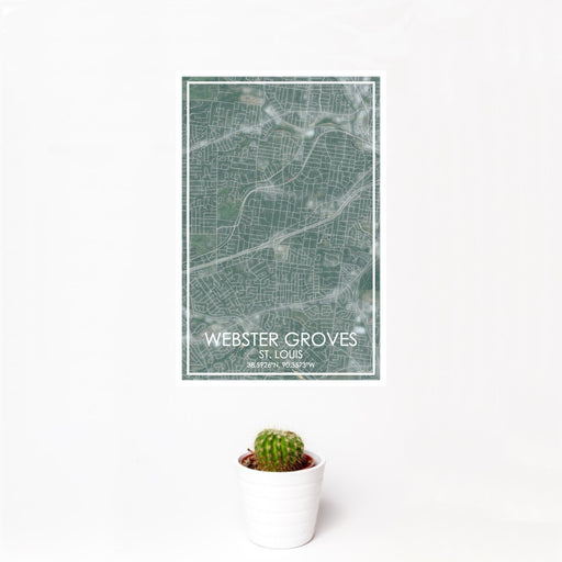 12x18 Webster Groves St. Louis Map Print Portrait Orientation in Afternoon Style With Small Cactus Plant in White Planter