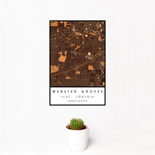 12x18 Webster Groves St. Louis Map Print Portrait Orientation in Ember Style With Small Cactus Plant in White Planter