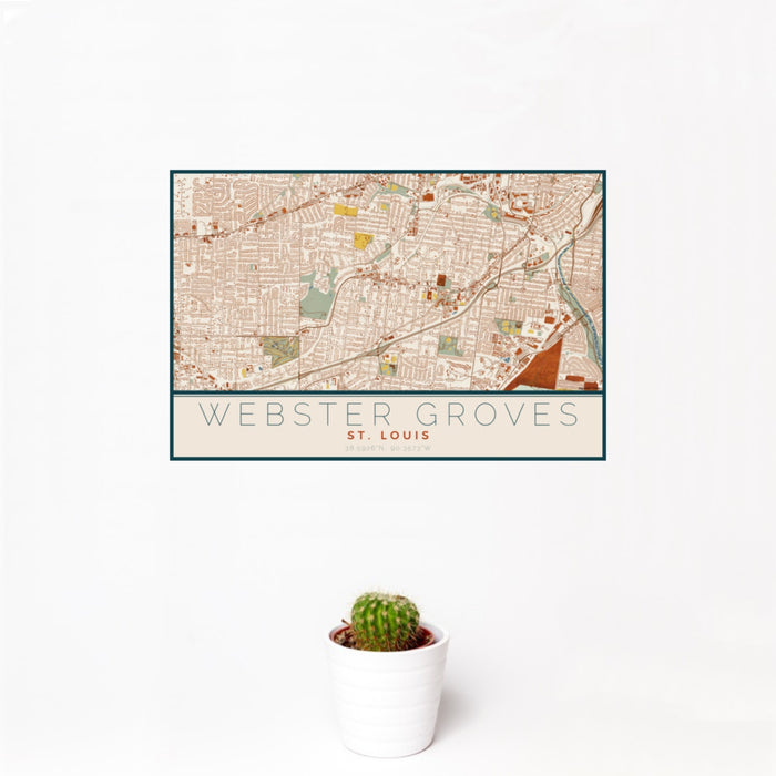 12x18 Webster Groves St. Louis Map Print Landscape Orientation in Woodblock Style With Small Cactus Plant in White Planter