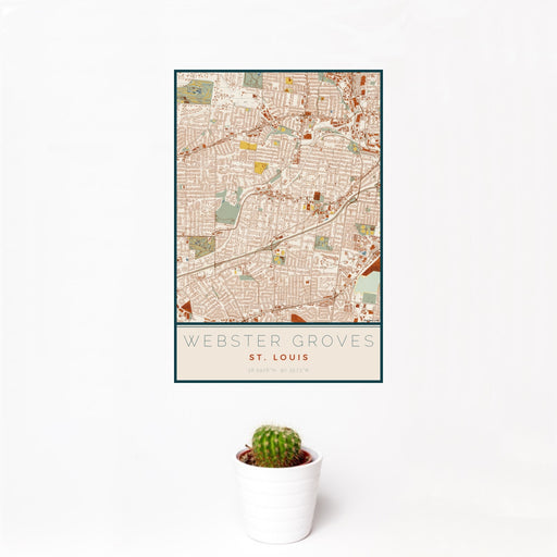 12x18 Webster Groves St. Louis Map Print Portrait Orientation in Woodblock Style With Small Cactus Plant in White Planter