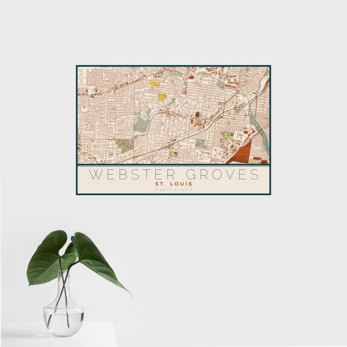 16x24 Webster Groves St. Louis Map Print Landscape Orientation in Woodblock Style With Tropical Plant Leaves in Water