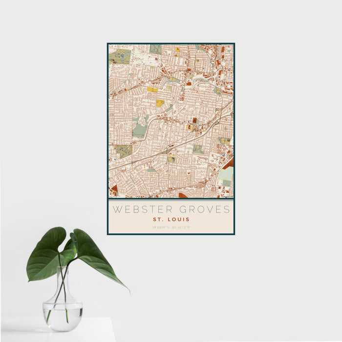 16x24 Webster Groves St. Louis Map Print Portrait Orientation in Woodblock Style With Tropical Plant Leaves in Water