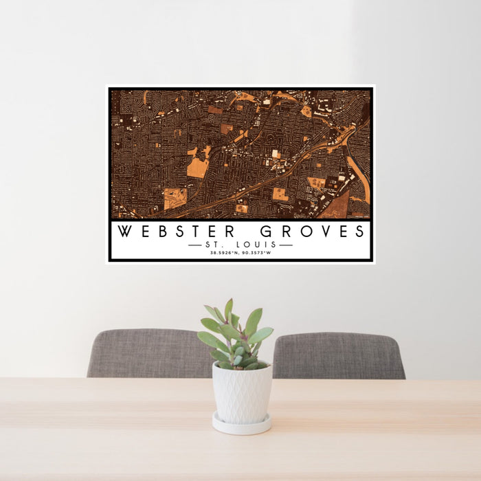 24x36 Webster Groves St. Louis Map Print Lanscape Orientation in Ember Style Behind 2 Chairs Table and Potted Plant