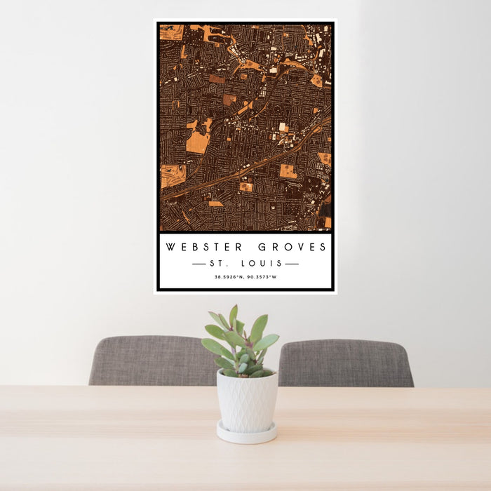 24x36 Webster Groves St. Louis Map Print Portrait Orientation in Ember Style Behind 2 Chairs Table and Potted Plant