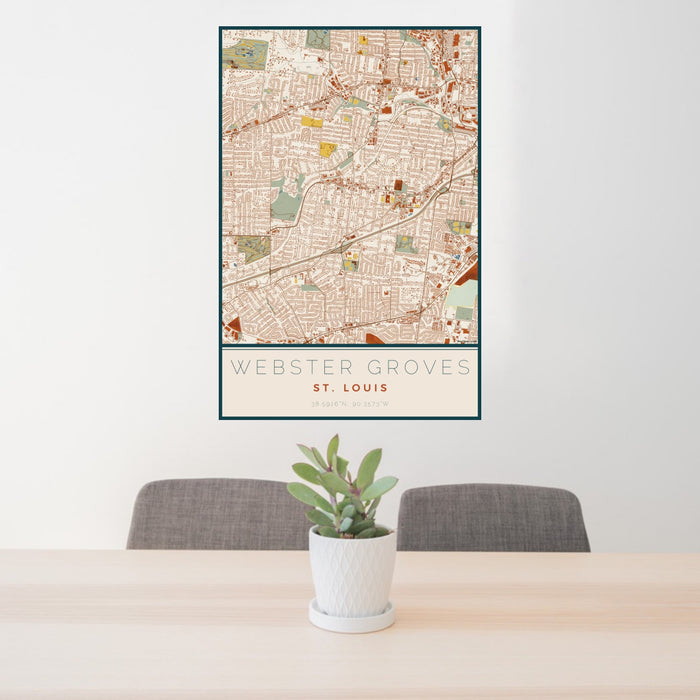 24x36 Webster Groves St. Louis Map Print Portrait Orientation in Woodblock Style Behind 2 Chairs Table and Potted Plant