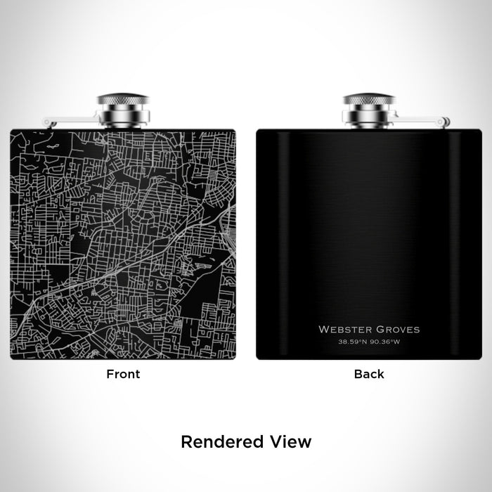 Rendered View of Webster Groves St. Louis Map Engraving on 6oz Stainless Steel Flask in Black