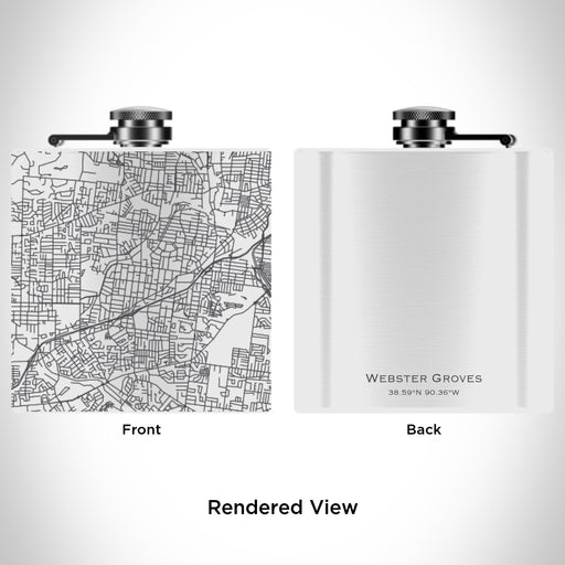 Rendered View of Webster Groves St. Louis Map Engraving on 6oz Stainless Steel Flask in White