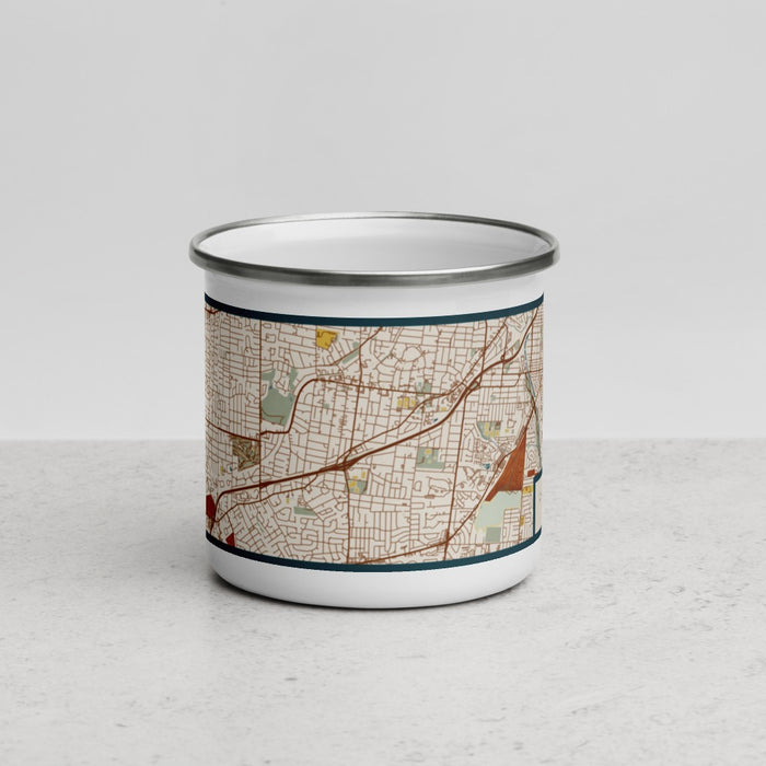 Front View Custom Webster Groves St. Louis Map Enamel Mug in Woodblock