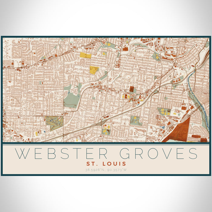 Webster Groves St. Louis Map Print Landscape Orientation in Woodblock Style With Shaded Background
