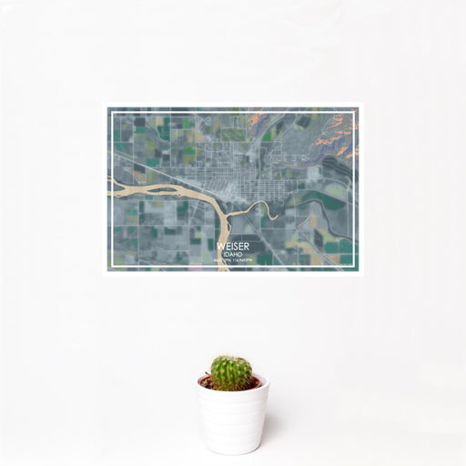 12x18 Weiser Idaho Map Print Landscape Orientation in Afternoon Style With Small Cactus Plant in White Planter
