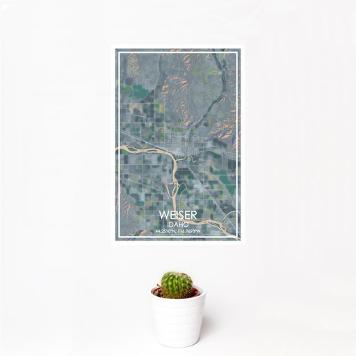 12x18 Weiser Idaho Map Print Portrait Orientation in Afternoon Style With Small Cactus Plant in White Planter