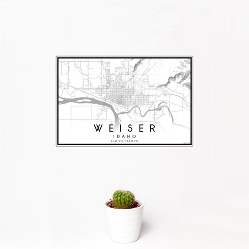 12x18 Weiser Idaho Map Print Landscape Orientation in Classic Style With Small Cactus Plant in White Planter