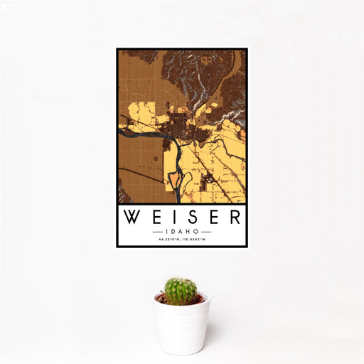 12x18 Weiser Idaho Map Print Portrait Orientation in Ember Style With Small Cactus Plant in White Planter