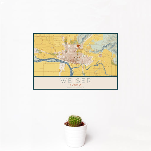 12x18 Weiser Idaho Map Print Landscape Orientation in Woodblock Style With Small Cactus Plant in White Planter