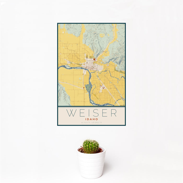 12x18 Weiser Idaho Map Print Portrait Orientation in Woodblock Style With Small Cactus Plant in White Planter