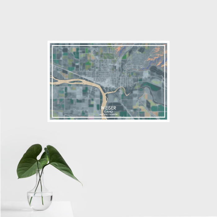16x24 Weiser Idaho Map Print Landscape Orientation in Afternoon Style With Tropical Plant Leaves in Water