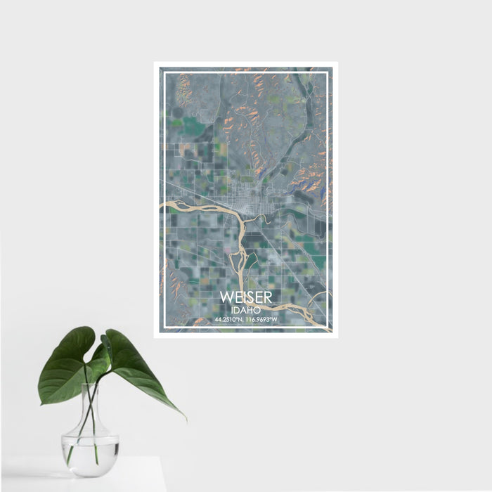 16x24 Weiser Idaho Map Print Portrait Orientation in Afternoon Style With Tropical Plant Leaves in Water