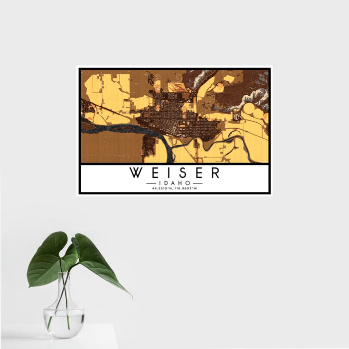 16x24 Weiser Idaho Map Print Landscape Orientation in Ember Style With Tropical Plant Leaves in Water