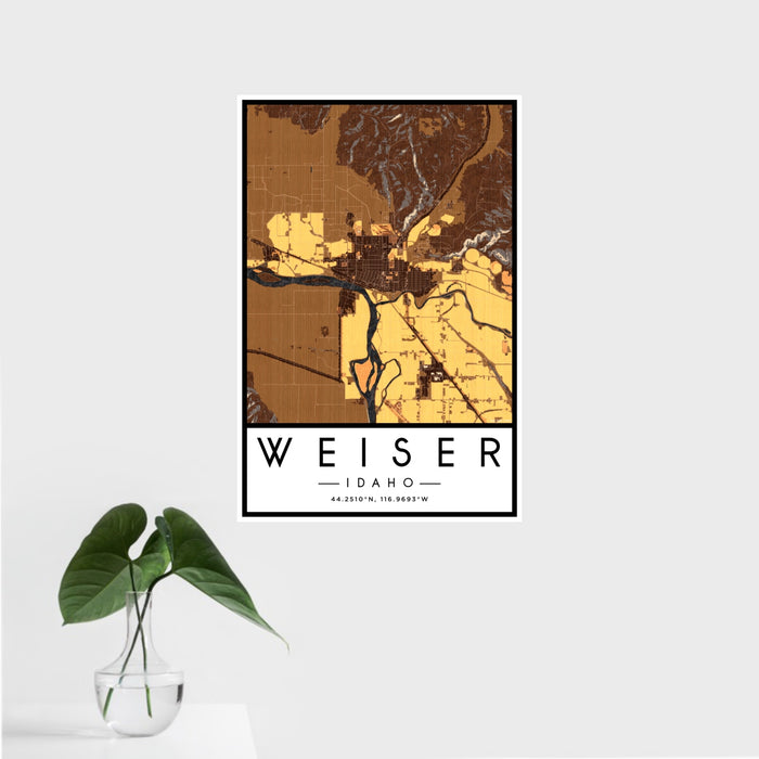 16x24 Weiser Idaho Map Print Portrait Orientation in Ember Style With Tropical Plant Leaves in Water