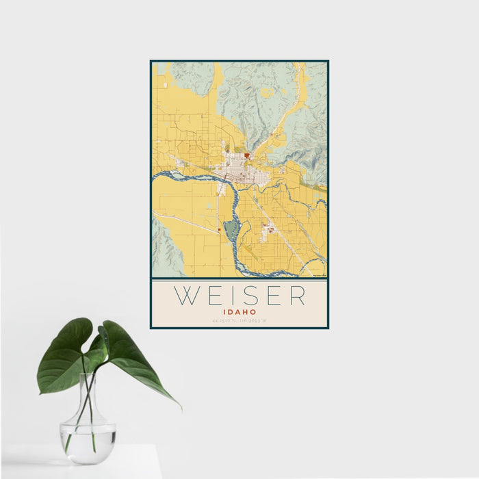 16x24 Weiser Idaho Map Print Portrait Orientation in Woodblock Style With Tropical Plant Leaves in Water