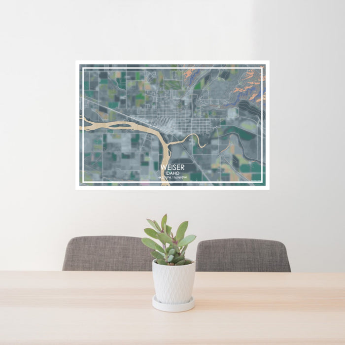 24x36 Weiser Idaho Map Print Lanscape Orientation in Afternoon Style Behind 2 Chairs Table and Potted Plant