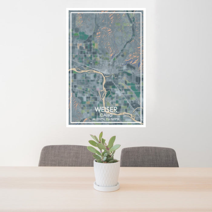 24x36 Weiser Idaho Map Print Portrait Orientation in Afternoon Style Behind 2 Chairs Table and Potted Plant