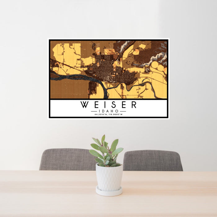 24x36 Weiser Idaho Map Print Lanscape Orientation in Ember Style Behind 2 Chairs Table and Potted Plant