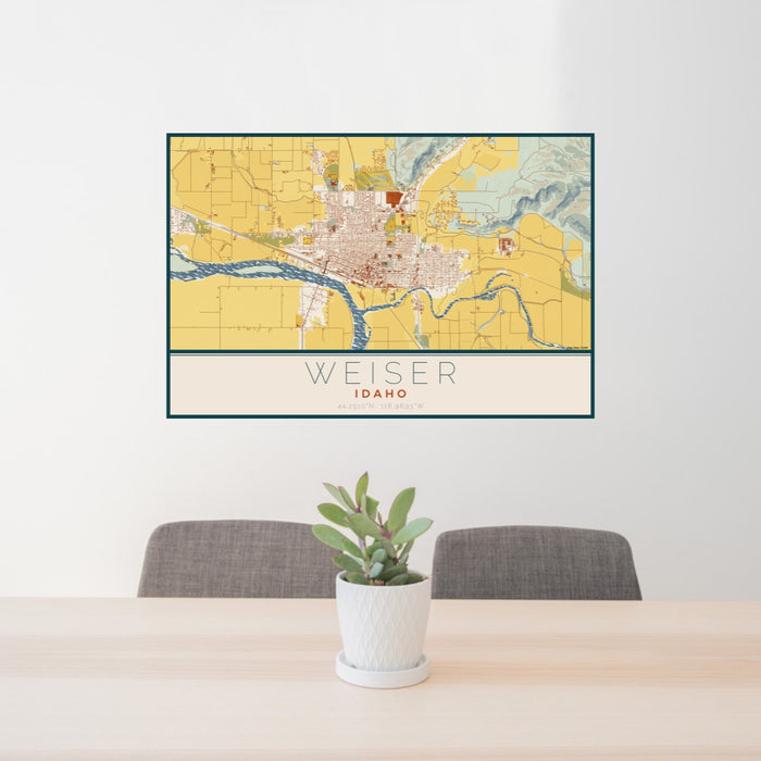 24x36 Weiser Idaho Map Print Lanscape Orientation in Woodblock Style Behind 2 Chairs Table and Potted Plant