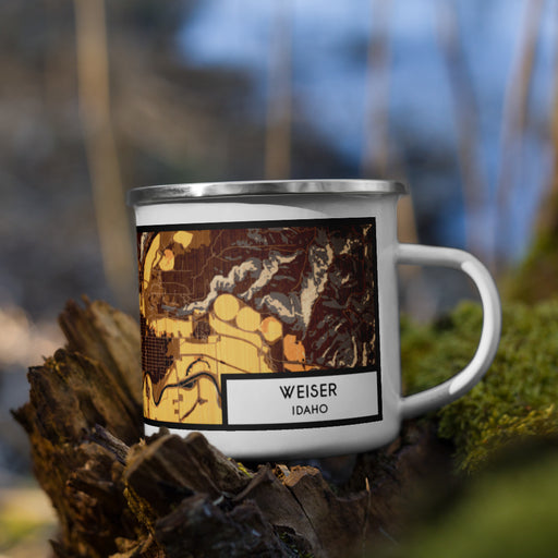 Right View Custom Weiser Idaho Map Enamel Mug in Ember on Grass With Trees in Background
