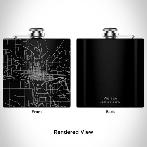 Rendered View of Weiser Idaho Map Engraving on 6oz Stainless Steel Flask in Black