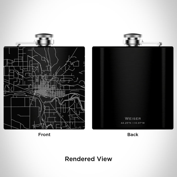 Rendered View of Weiser Idaho Map Engraving on 6oz Stainless Steel Flask in Black