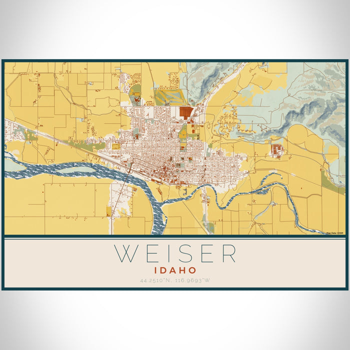 Weiser Idaho Map Print Landscape Orientation in Woodblock Style With Shaded Background