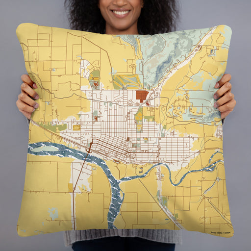 Person holding 22x22 Custom Weiser Idaho Map Throw Pillow in Woodblock